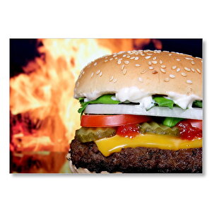 Izgara Alevi Ve Yakın Çekim Burger  Mdf Ahşap Tablo 50x70 cm