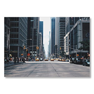 New York Gökdelenler Cadde Araçlar Ve İnsanlar  Mdf Ahşap Tablo 50x70 cm