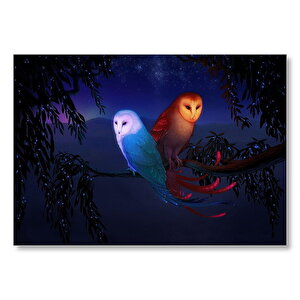 Dalda Fantastik Baykuşlar Ve Işıklar  Mdf Ahşap Tablo 50x70 cm