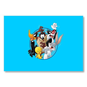 Looney Tunes Karakterleri Mavi Arka Plan  Mdf Ahşap Tablo 25x35 cm