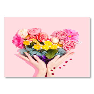 Eller Kalp Çiçek Buketi Ve Uğur Böcekleri  Mdf Ahşap Tablo 25x35 cm