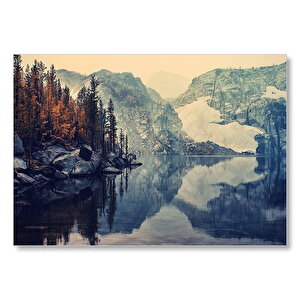 Karlı Dağlar Göl Ve Sonbahar Ağaçları  Mdf Ahşap Tablo 35x50 cm