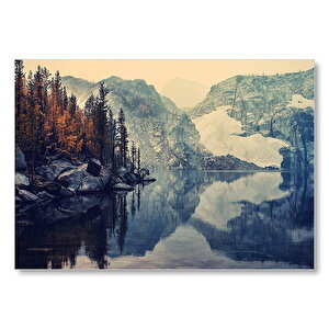 Karlı Dağlar Göl Ve Sonbahar Ağaçları  Mdf Ahşap Tablo 50x70 cm