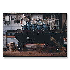 Cafe Espresso Makinesi Ve Fincanlar  Mdf Ahşap Tablo 50x70 cm