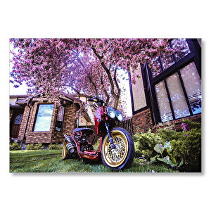 Bahçe Pembe Çiçekli Ağaç Ve Modifiyeli Motorsiklet  Mdf Ahşap Tablo 25x35 cm