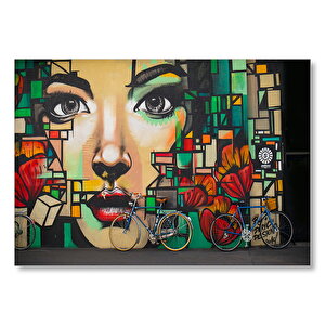 Duvar Boyama Kadın Yüzü Ve Bisikletler  Mdf Ahşap Tablo 35x50 cm