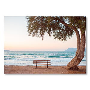 Yalnız Ağaç Boş Bank Sakin Deniz  Mdf Ahşap Tablo 35x50 cm
