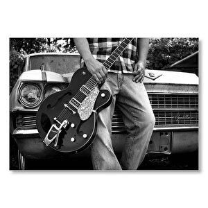 Beyaz Cadillac Ve Elektrogitarlı Genç  Mdf Ahşap Tablo 35x50 cm