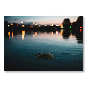 Şehir Işıkları Silüet Ve Sudaki Yaprak  Mdf Ahşap Tablo 25x35 cm
