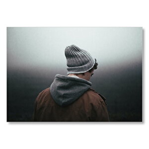 Kahverengi Ceketli Gri Bereli Genç Arka Profil  Mdf Ahşap Tablo 35x50 cm