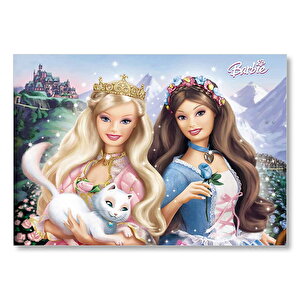 Barbie Bebekler Ve Beyaz Kedi  Mdf Ahşap Tablo 35x50 cm