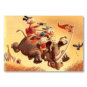 Donald Duck Ve Torunları Gergedan Üzerinde  Mdf Ahşap Tablo 25x35 cm