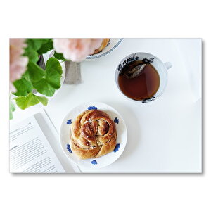 Beyaz Masada Çörek Ve Çay  Mdf Ahşap Tablo 50x70 cm