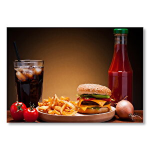 Burger Patates Ketçap Buzlu Kola  Mdf Ahşap Tablo 35x50 cm