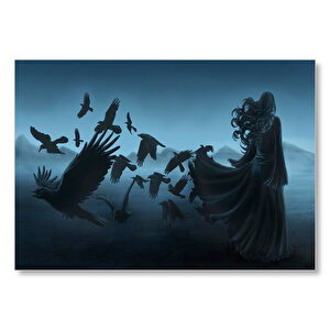 Fantastik Kadın Sisler Ve Kargalar  Mdf Ahşap Tablo 35x50 cm