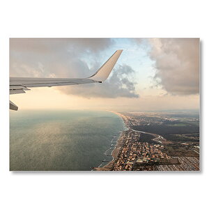 Uçaktan Kanat Bulutlar Ve Şehir Manzarası  Mdf Ahşap Tablo 50x70 cm
