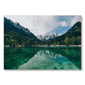 Yeşil Göl Orman Ve Karlı Dağlar  Mdf Ahşap Tablo 35x50 cm