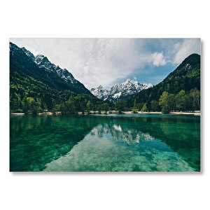 Yeşil Göl Orman Ve Karlı Dağlar  Mdf Ahşap Tablo 25x35 cm