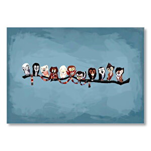 Dal Üzerinde Karikatürize Baykuşlar  Mdf Ahşap Tablo 35x50 cm