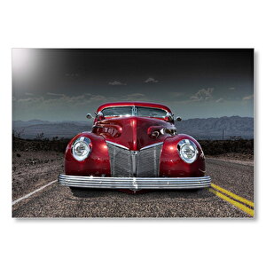 Kırmızı Cadillac Yol Ve Gökyüzü  Mdf Ahşap Tablo 50x70 cm