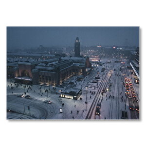 Karla Kaplı Caddeler Ve Tren İstasyonu  Mdf Ahşap Tablo 50x70 cm