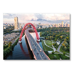 Şehir Ağaçlar Nehir Ve Kırmızı Köprü  Mdf Ahşap Tablo 25x35 cm