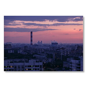 Günbatımında Şehir Ve Santral Bacaları  Mdf Ahşap Tablo 25x35 cm