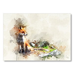 Çayırda Tilki Sulu Boya Damlatma  Mdf Ahşap Tablo 35x50 cm