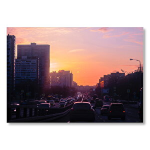 Günbatımında Şehir Ve Trafik  Mdf Ahşap Tablo 50x70 cm