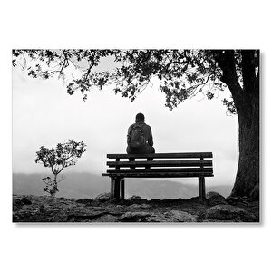 Ağaç Altındaki Bankta Gezgin  Mdf Ahşap Tablo 50x70 cm