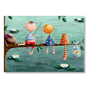 Dalda Balık Tutan Çocuklar Ve Kedi İllüstrasyon  Mdf Ahşap Tablo 35x50 cm
