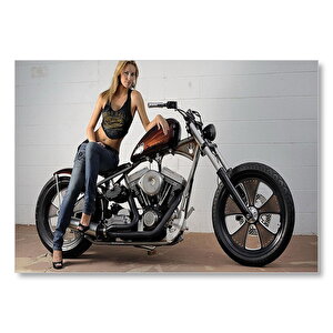 Chopper Motorsiklet Ve Sarışın Kadın  Mdf Ahşap Tablo 50x70 cm