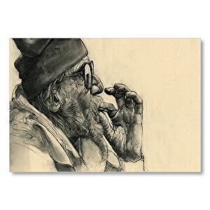 Sigara İçen Gözlüklü İhtiyar  Mdf Ahşap Tablo 50x70 cm