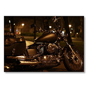 Gece Işıkları Altında Siyah Chopper Motorsiklet  Mdf Ahşap Tablo 50x70 cm