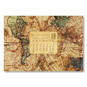 2012 Eylül Kartpostal Ve Dünya Haritası  Mdf Ahşap Tablo 35x50 cm