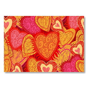 Sarı Kırmızı Kalpler Çizim  Mdf Ahşap Tablo 35x50 cm