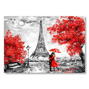 Eyfel Kulesi Kırmızı Ağaçlar Kırmızı Şemsiyeli Çift  Mdf Ahşap Tablo 35x50 cm