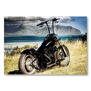 Siyah Chopper Motorsiklet Deniz Ve Dağlar  Mdf Ahşap Tablo 35x50 cm