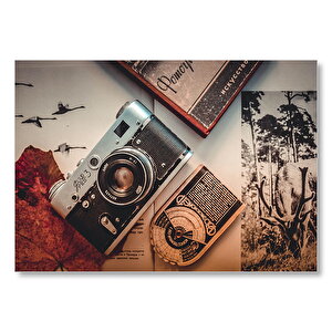 Antika Fotoğraf Makinesi Ve Fotoğraflar  Mdf Ahşap Tablo 35x50 cm