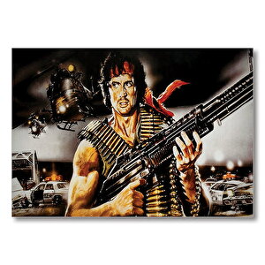 Rambo Makineli Tüfek Ve Arkaplanda Helikopter Ve Polisler  Mdf Ahşap Tablo