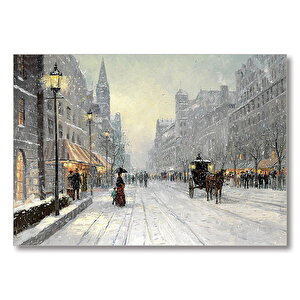 Karlı Caddede İnsanlar Ve Arabalar  Mdf Ahşap Tablo 35x50 cm