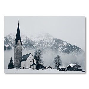 Karlar İçinde Kilise Evler Ve Yüksek Dağ  Mdf Ahşap Tablo 50x70 cm