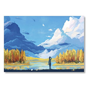 Sonbahar Ağaçları Bulutlar Göl Ve Kız Yağlı Boya  Mdf Ahşap Tablo 50x70 cm