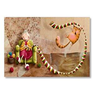 Atkı Ören Yaşlı Kadın Ve Oynayan Kedisi  Mdf Ahşap Tablo 50x70 cm