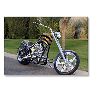 Altın Ve Lacivert Chopper Motorsiklet  Mdf Ahşap Tablo 50x70 cm