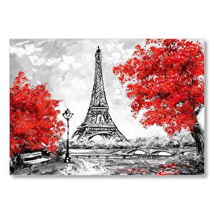 Eyfel Kulesi Ve Kırmızı Yapraklı Ağaçlar  Mdf Ahşap Tablo 50x70 cm