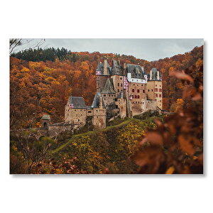 Kızıl Sonbahar Ağaçları Arasındaki Şato  Mdf Ahşap Tablo 50x70 cm