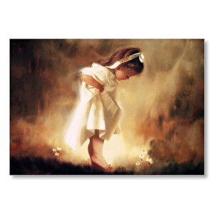 Beyaz Elbiseli Küçük Kız Ve Papatyalar  Mdf Ahşap Tablo 50x70 cm