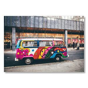 Hippi Tarzı Süslenmiş Volkswagen Minibüs  Mdf Ahşap Tablo 35x50 cm