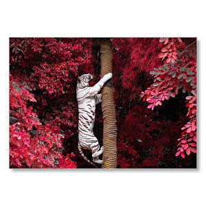 Kırmızı Yapraklar Ve Ağaca Tırmanan Beyaz Kaplan  Mdf Ahşap Tablo 35x50 cm